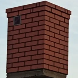 Ceglany komin z kratką wentylacyjną, widoczny od dołu na tle jasnego nieba.