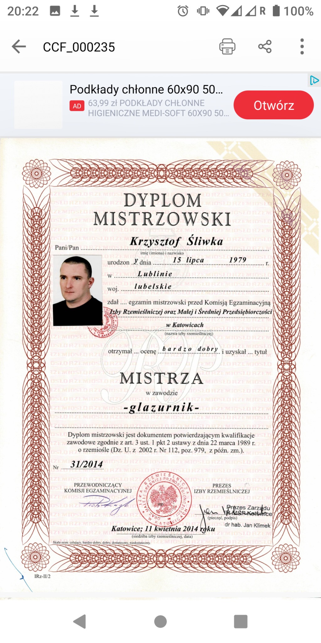 Skan dyplomu mistrzowskiego w zawodzie glazurnika, wystawionego w Katowicach w 2014 roku dla Krzysztofa Śliwki, z pieczęciami i podpisami.