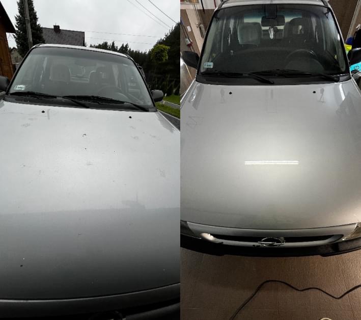 Porównanie: Przed i po czyszczeniu i polerowaniu lakieru na masce srebrnego samochodu. Po lewej stronie widoczne zabrudzenia i matowy lakier, po prawej - błyszcząca, odnowiona powierzchnia.
