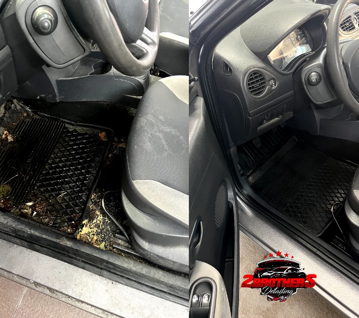 Porównanie wnętrza samochodu przed i po czyszczeniu: brudna podłoga z liśćmi i okruchami po lewej, czysta i odkurzona po prawej stronie, widoczny fragment fotela i deski rozdzielczej.