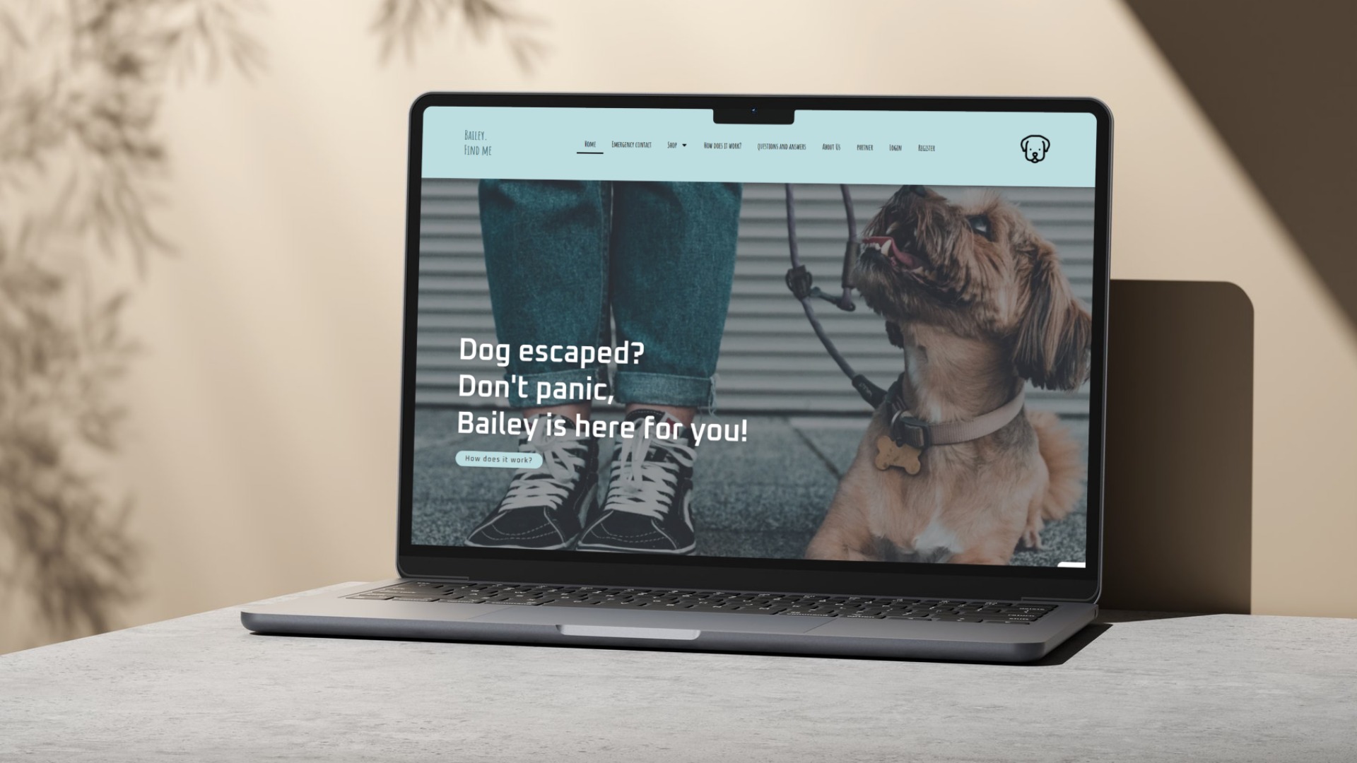 Laptop prezentuje stronę internetową 'Bailey. Find Me' z psem i tekstem 'Dog escaped? Don't panic, Bailey is here for you!'. Cień rośliny w tle.