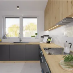 Nowoczesna kuchnia z czarnymi szafkami, drewnianym blatem, marmurową ścianą i podświetleniem LED, na blacie zioła, kawiarka i książka kucharska.