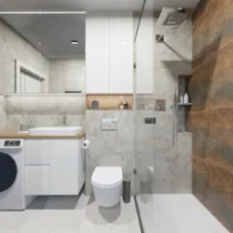 Nowoczesna łazienka z pralką pod umywalką, kabiną prysznicową typu walk-in i płytkami imitującymi rdzę na ścianie.