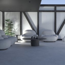 KAGIZE AND PARTNERS Dominik Kagize Ntibansiga - Zadaszony taras z sofą o zaokrąglonych kształtach, dwoma fotelami, stolikiem kawowym z zastawą, roślinami w donicach oraz dekoracyjnymi kulami, otoczony zielenią i elementami architektonicznymi...