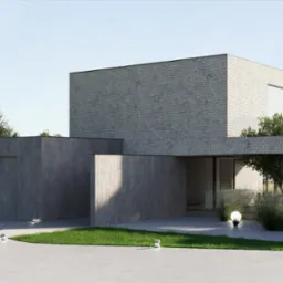 Nowoczesny dom z szarej cegły z płaskim dachem, betonowym ogrodzeniem i podjazdem oświetlonym kulistymi lampami.