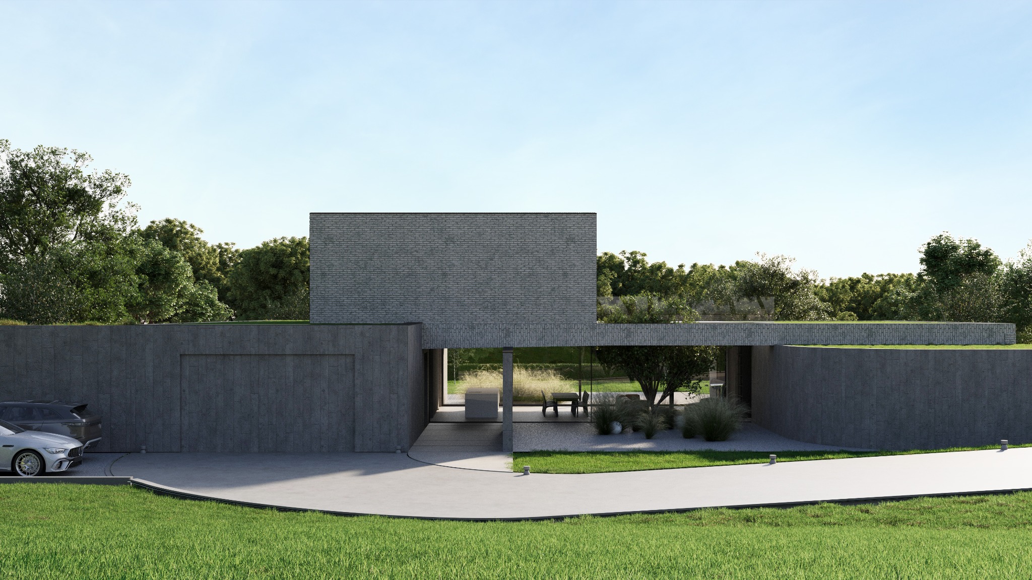 Nowoczesny, szary dom z płaskim dachem i zielonymi akcentami, widok z zewnątrz na tle drzew, z dwoma samochodami zaparkowanymi przed garażem.