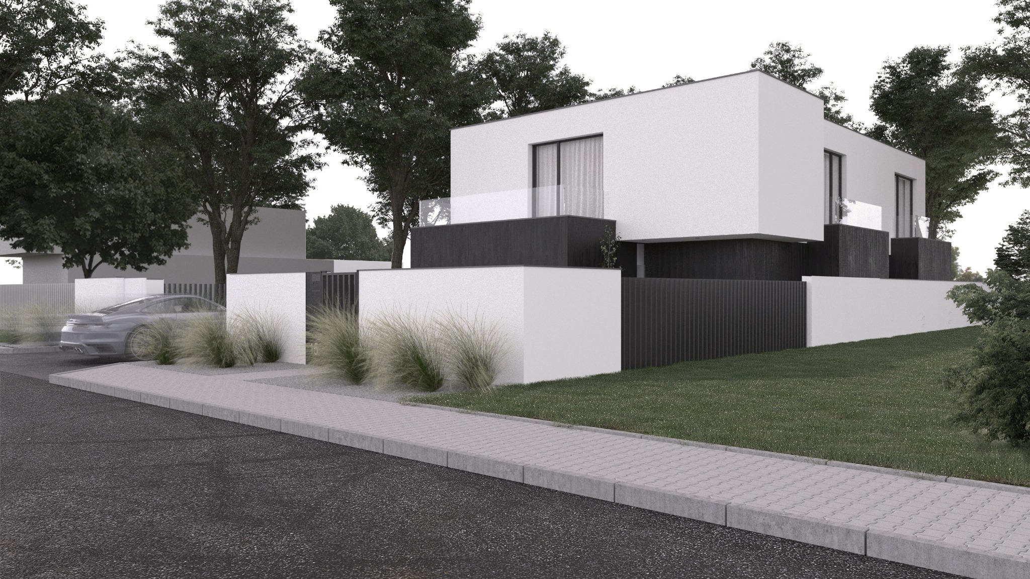 Wizualizacja nowoczesnego domu z płaskim dachem, białymi ścianami i czarnymi panelami, otoczonego zielenią i trawami ozdobnymi, z szarym samochodem sportowym zaparkowanym w pobliżu.