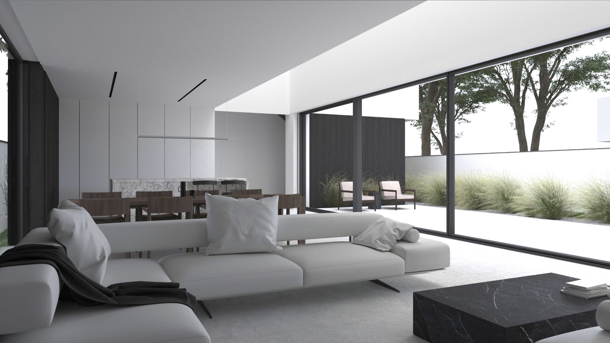 Minimalistyczny salon z białym narożnikiem, marmurowym stolikiem kawowym i widokiem na zewnętrzny taras z krzesłami i trawami ozdobnymi za dużym oknem.