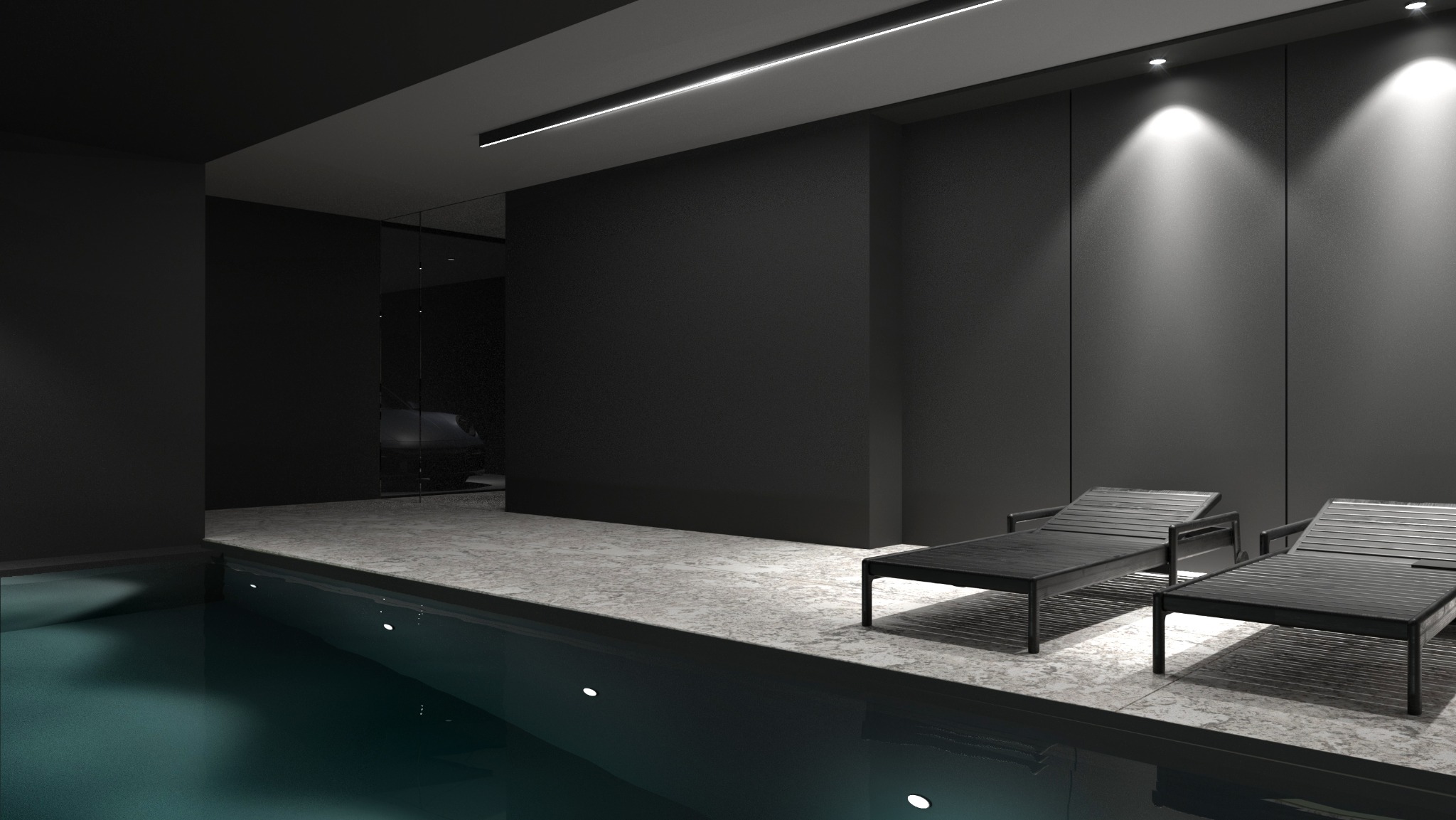 Nowoczesne wnętrze basenu z ciemnymi ścianami, oświetleniem punktowym i dwoma leżakami na marmurowej posadzce, widok na szklaną ścianę z odbiciem samochodu.