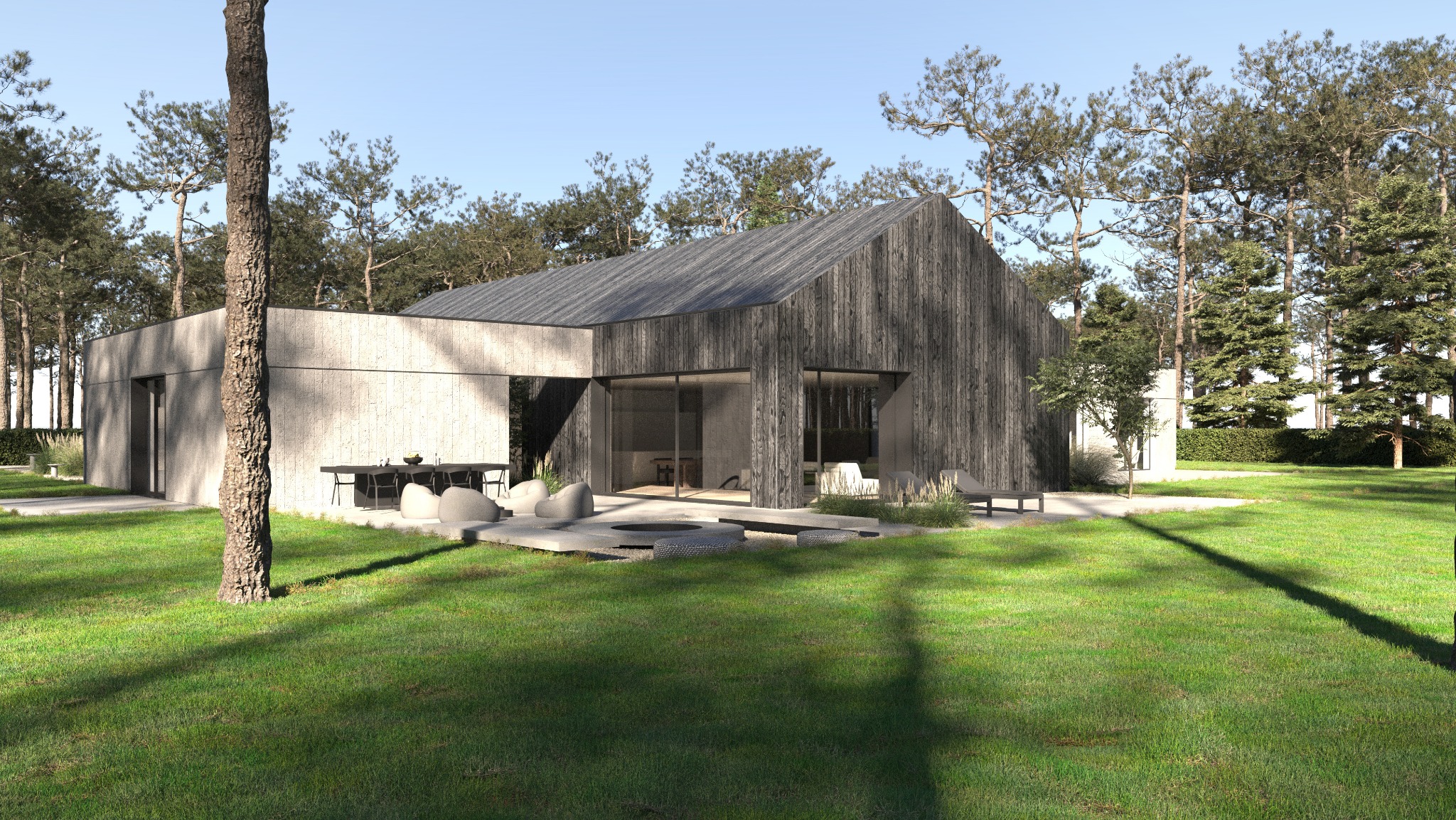 Nowoczesny dom jednorodzinny z ciemnego drewna i betonu, duże przeszklenia, minimalistyczny ogród z betonowymi elementami, otoczony lasem sosnowym.