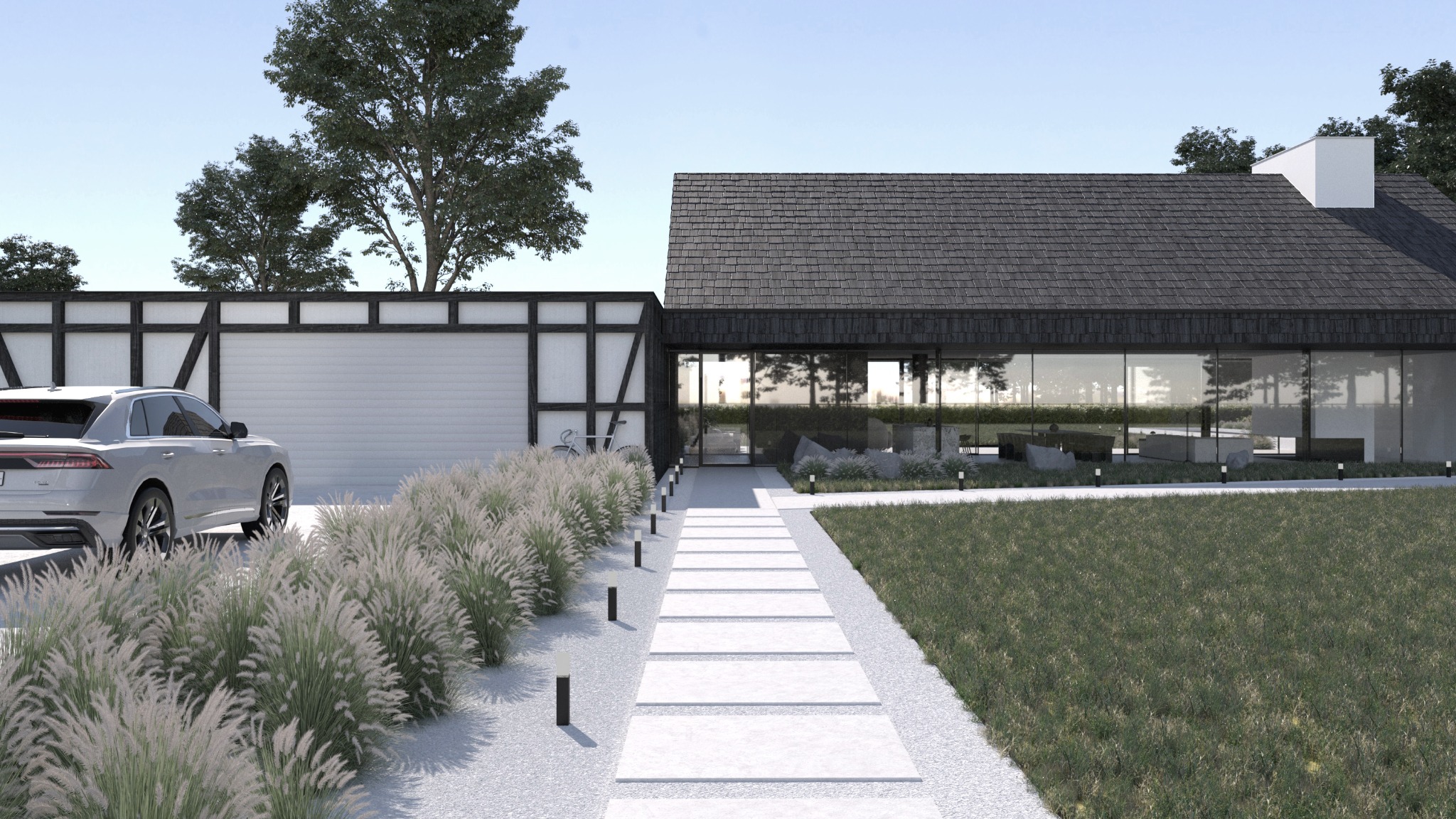 Nowoczesny dom jednorodzinny z grafitową dachówką i przeszkloną fasadą, biały chodnik z lampkami, trawnik, samochód i garaż z drewnianymi elementami.