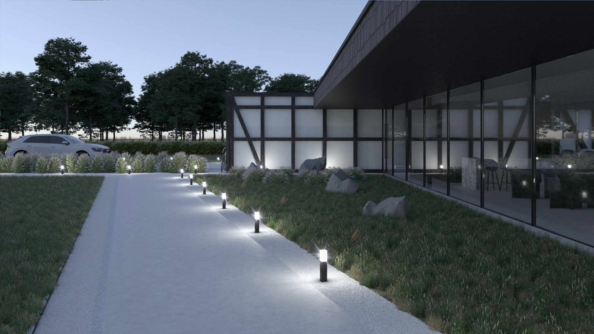 Wizualizacja nowoczesnego budynku z dużymi przeszkleniami, oświetlonego lampami wzdłuż ścieżki, z widocznym samochodem w tle o zmierzchu.