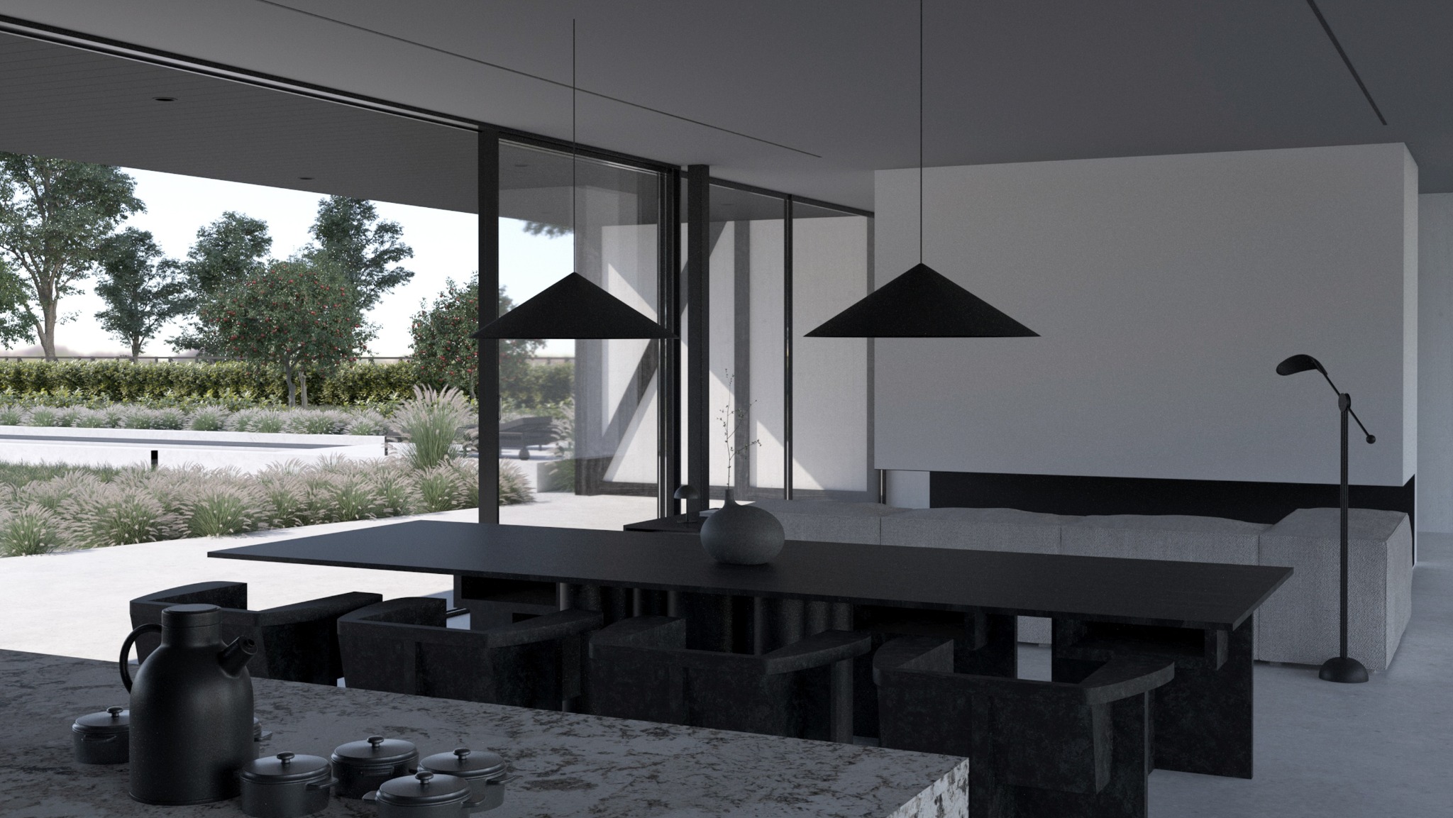 Minimalistyczna jadalnia z czarnym stołem, krzesłami i lampami wiszącymi na tle widoku na ogród z basenem.