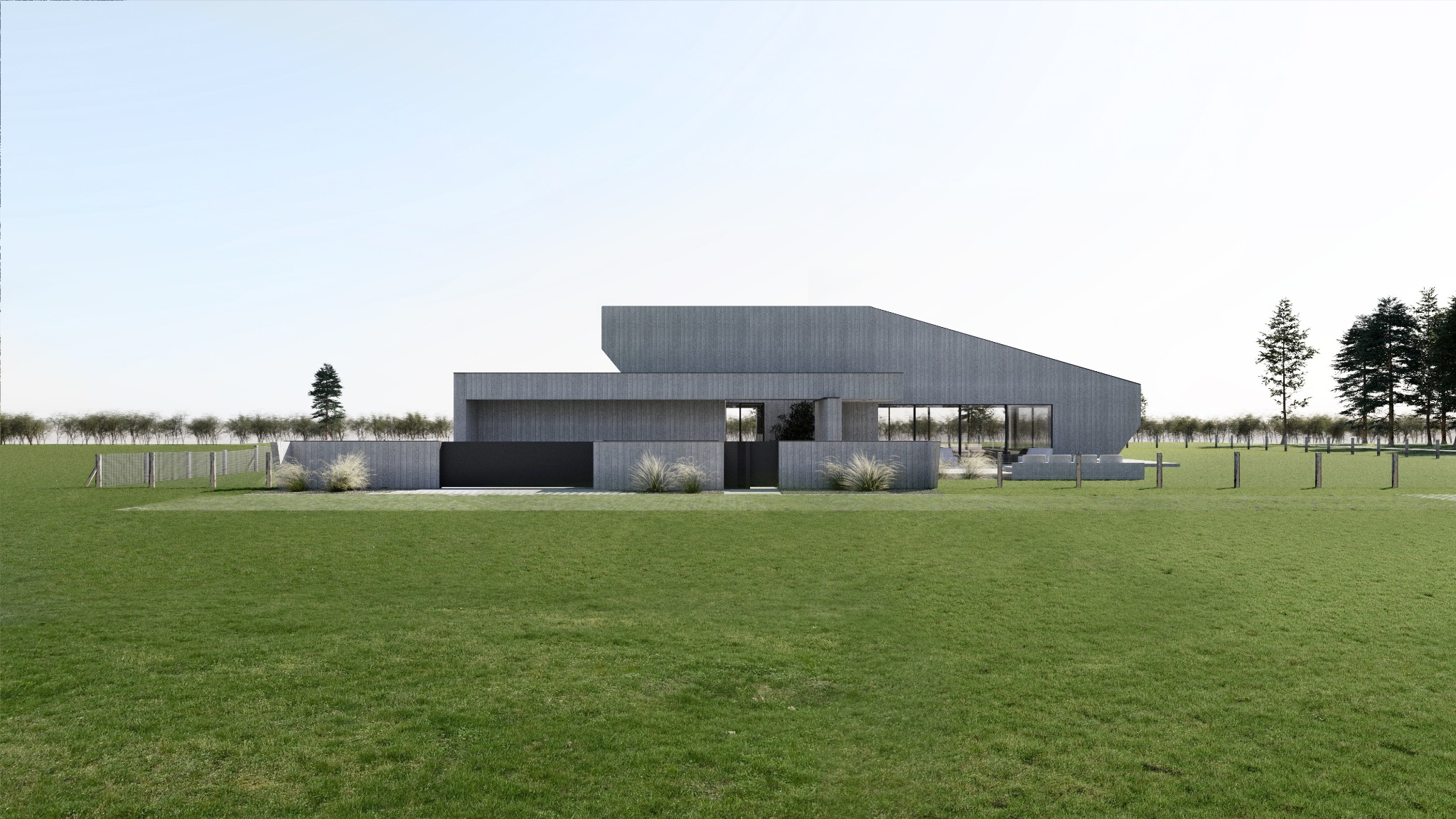 Nowoczesny dom jednorodzinny z elewacją z szarego betonu, minimalistycznym ogrodem i niskim ogrodzeniem na tle zielonego trawnika i drzew