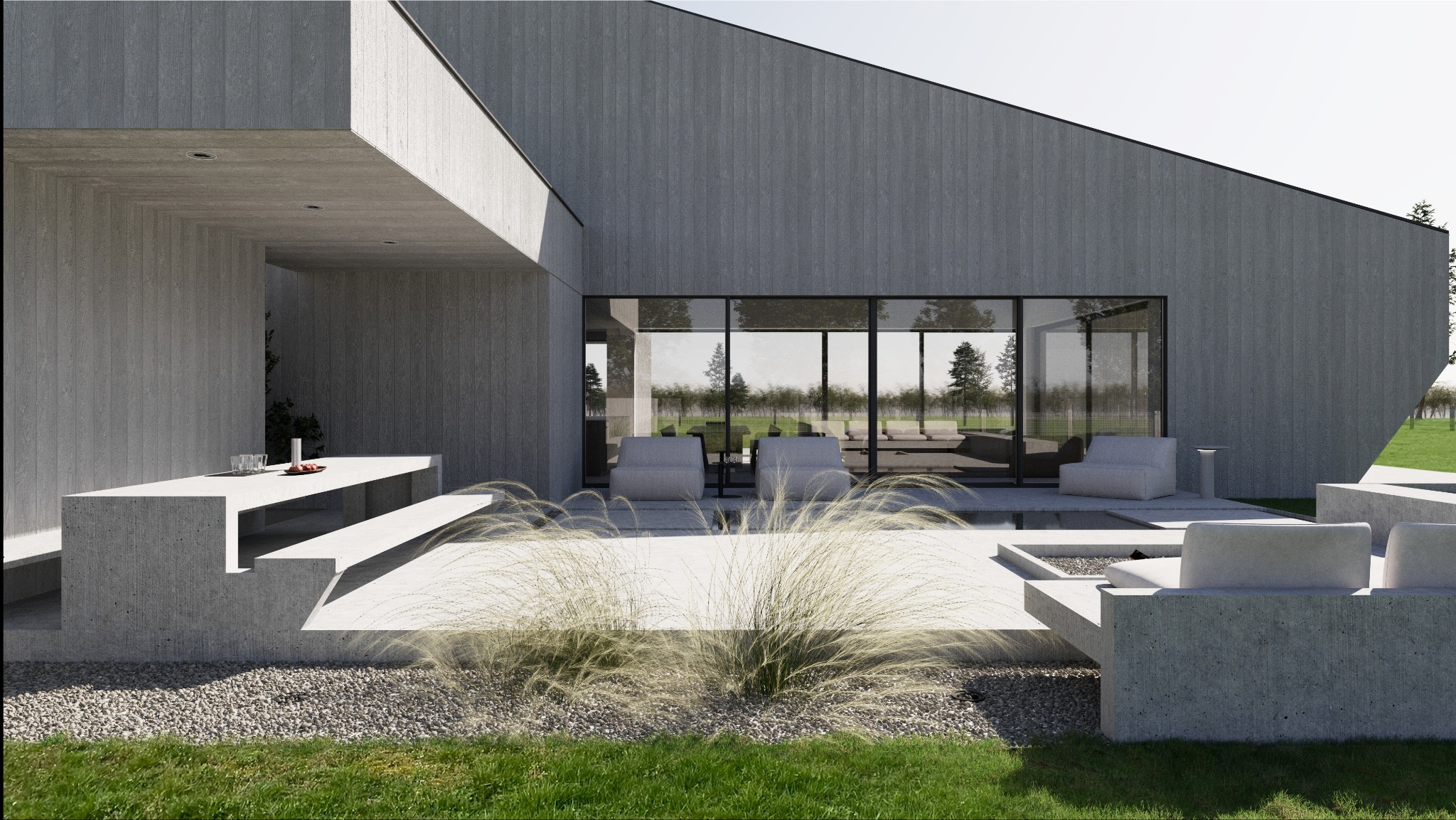 Nowoczesny dom z betonu architektonicznego, minimalistyczny design, taras z meblami wypoczynkowymi, widok na zewnątrz przez duże okna, dekoracyjne trawy na pierwszym planie.