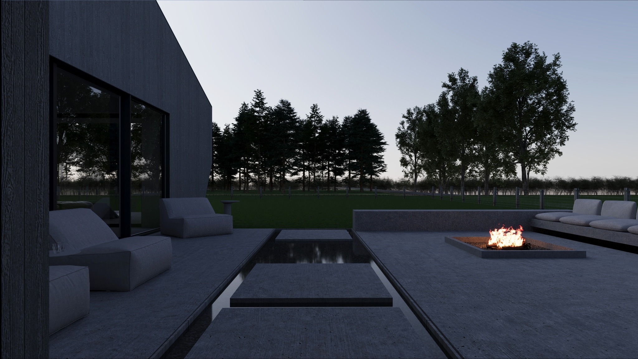 Nowoczesny taras z minimalistycznymi meblami, paleniskiem i elementami wodnymi, otoczony zielenią i lasem w tle, oświetlony wieczornym światłem.