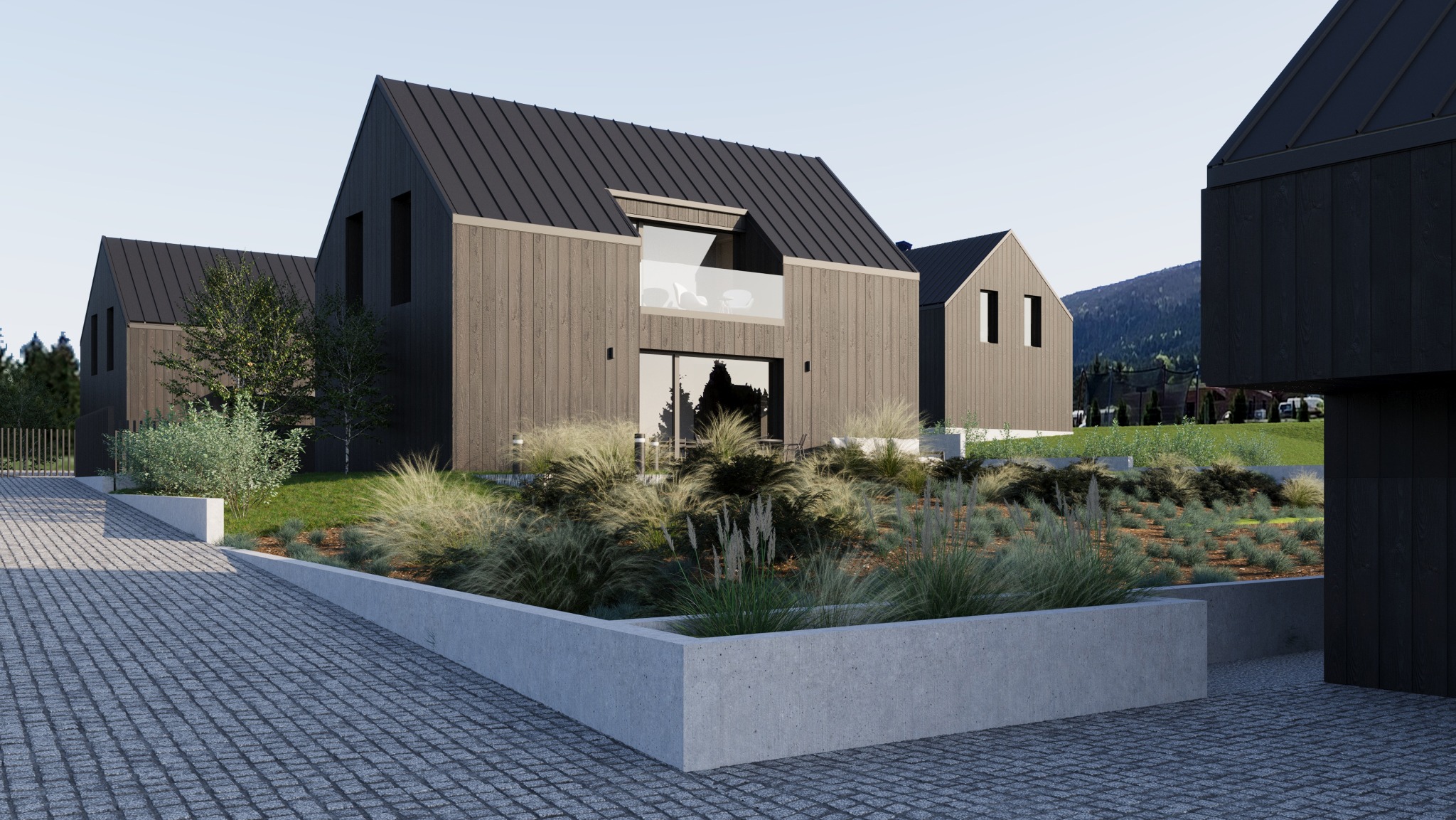 Nowoczesny dom z ciemną elewacją i dwuspadowym dachem, otoczony ozdobnymi trawami i kamienną ścieżką.