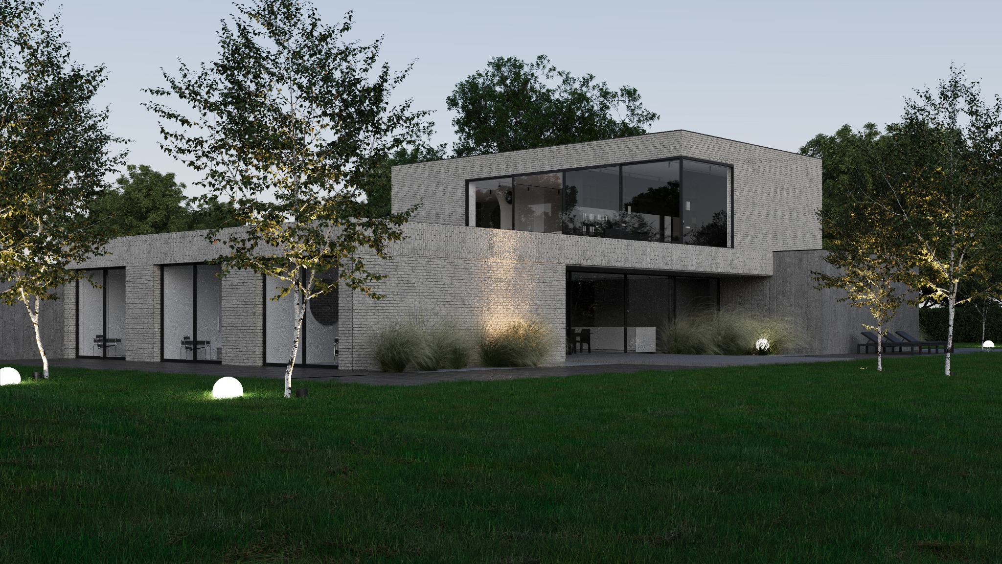 Nowoczesny dom z jasnej cegły z dużymi oknami, oświetlony kulistymi lampami ogrodowymi, otoczony zielonym trawnikiem i drzewami.