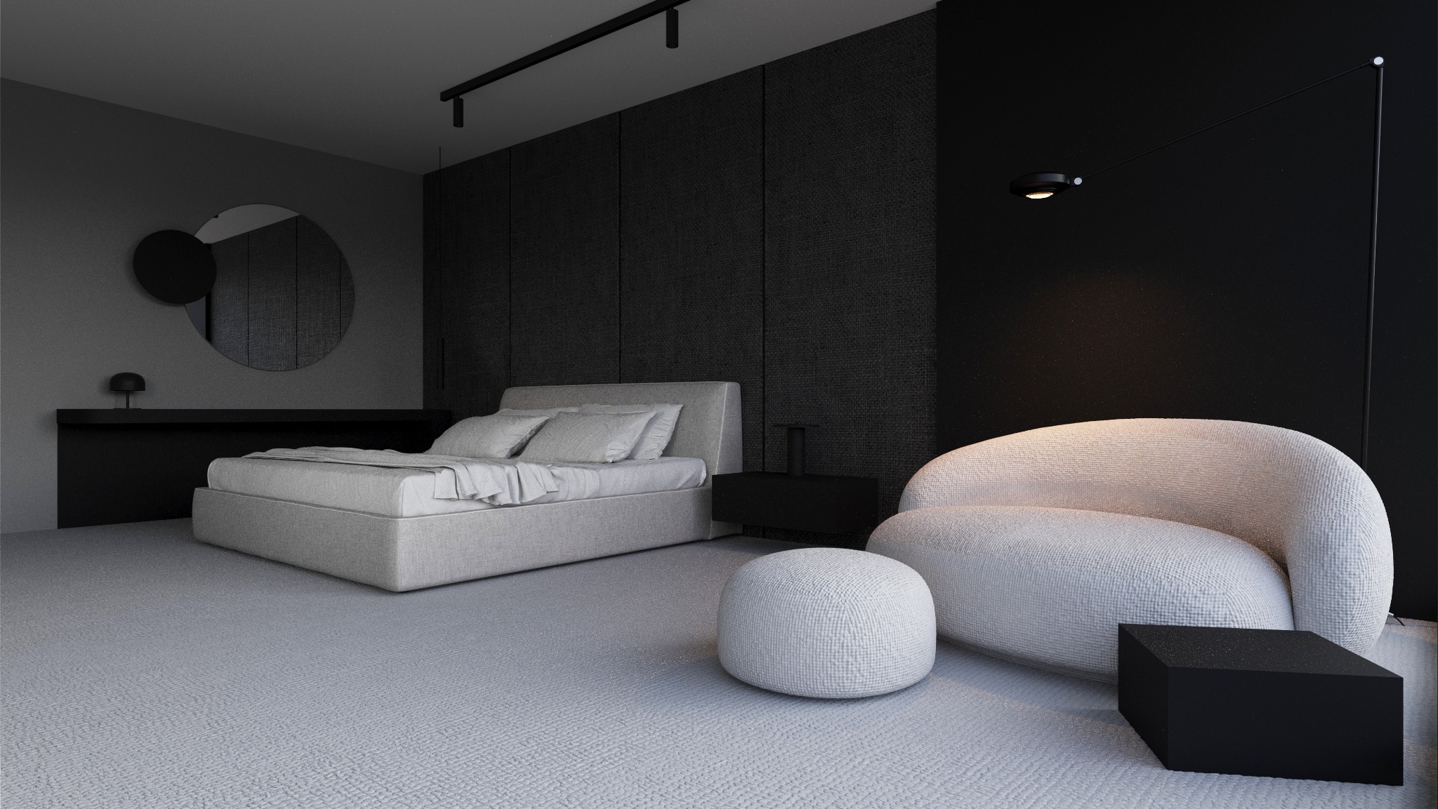 Minimalistyczna sypialnia w odcieniach szarości i czerni z łóżkiem na platformie, okrągłym lustrem na ścianie i puszystym fotelem typu boucle.