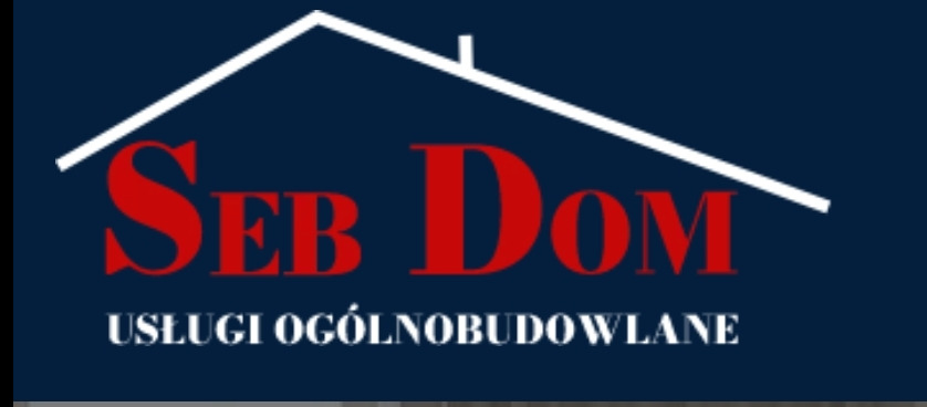 Logo firmy budowlanej SEB Dom z czerwonym napisem na granatowym tle, nad napisem stylizowany biały obrys domu, pod spodem napis 'USŁUGI OGÓLNOBUDOWLANE'.