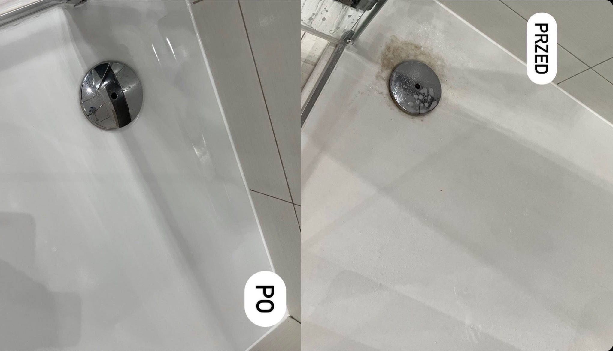 Porównanie stanu brodzika prysznicowego przed i po czyszczeniu, widoczne różnice w czystości odpływu i powierzchni.