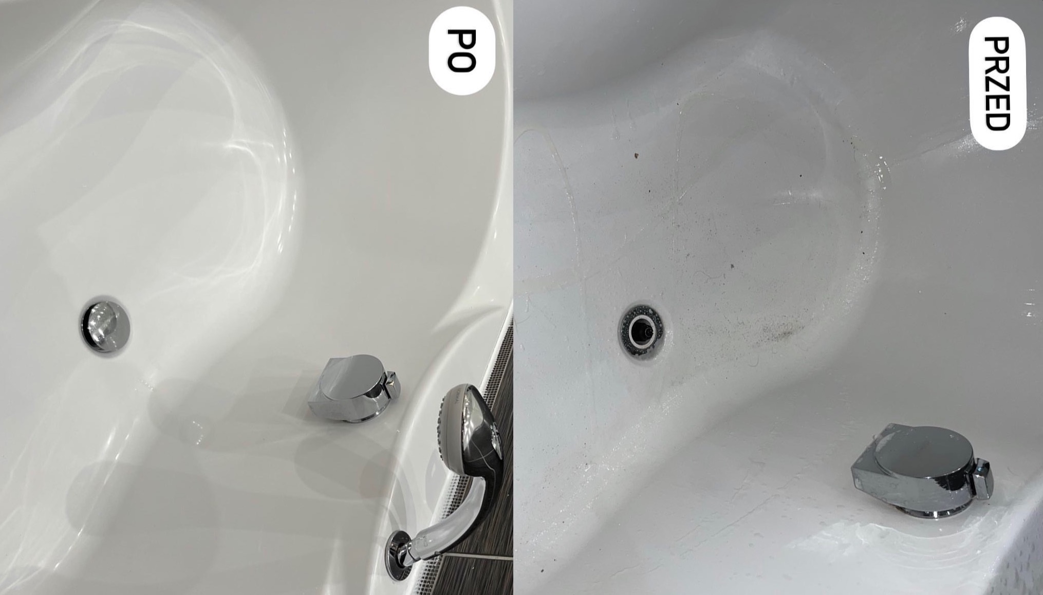 Porównanie stanu wanny przed i po czyszczeniu, widoczne różnice w czystości powierzchni i odpływu.
