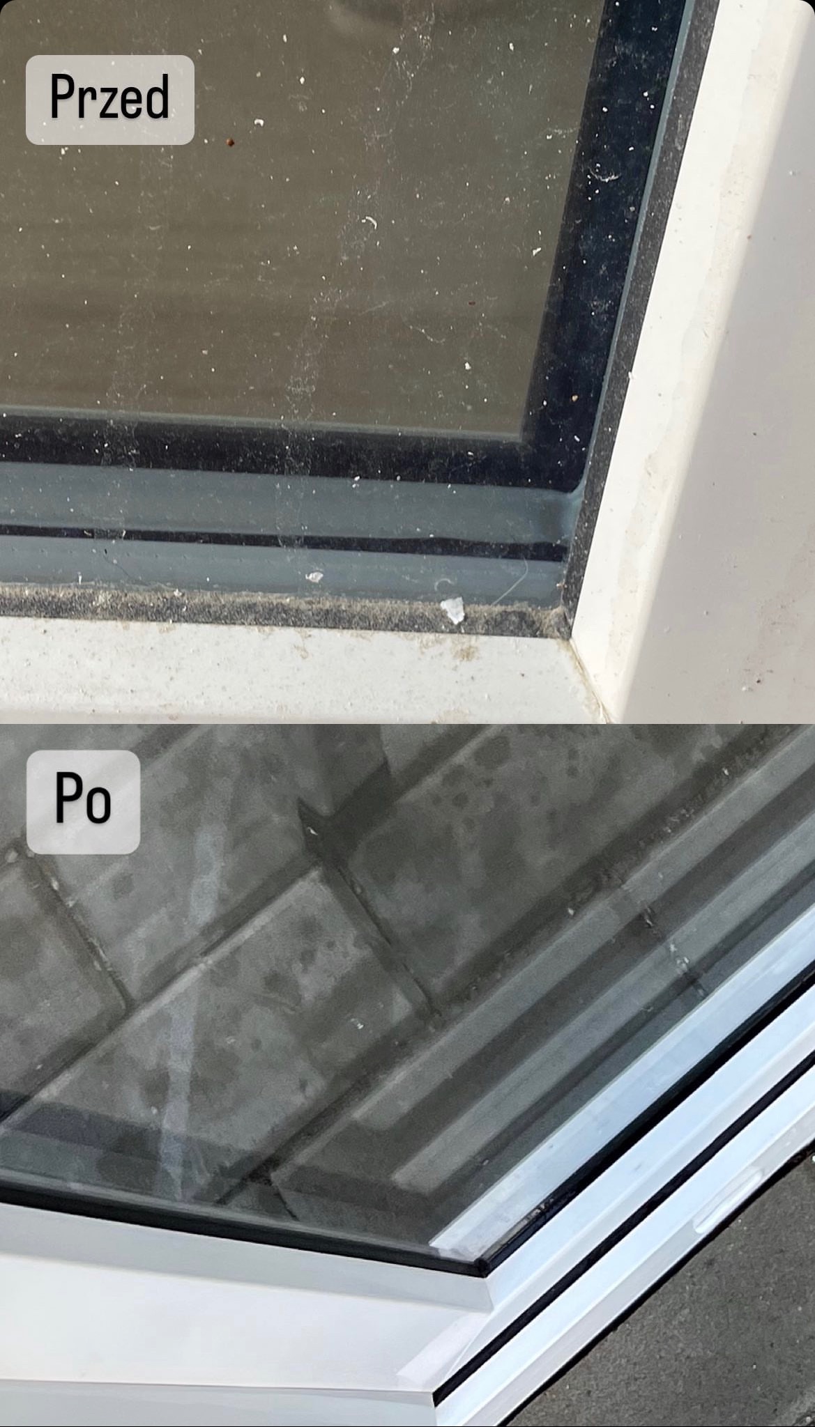 Okno PCV podzielone na dwie części: górna pokazuje brudną szybę i ramę okna z widocznymi śladami kurzu i zabrudzeń, dolna prezentuje czystą szybę i ramę po umyciu, z widocznym odbiciem kostki...