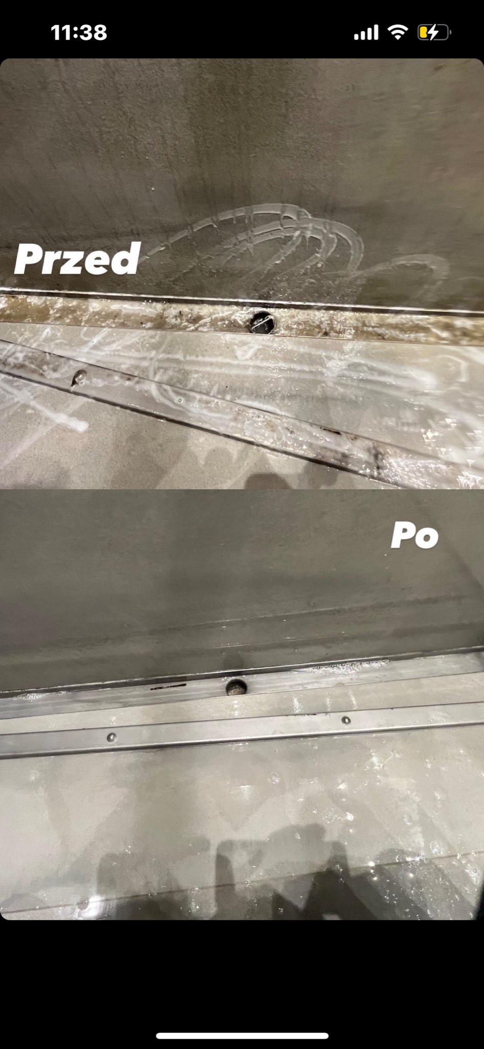 Porównanie stanu czyszczonej powierzchni, widok 'przed' z widocznymi zabrudzeniami i resztkami detergentu, oraz 'po' - powierzchnia wyraźnie czystsza, z minimalnymi śladami wilgoci.