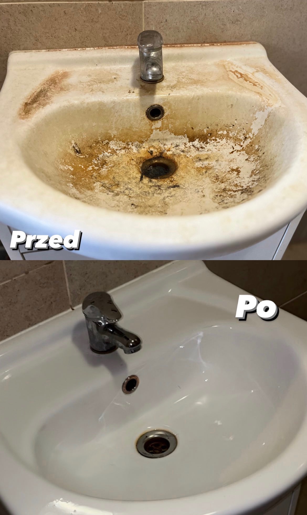 Umywalka w łazience: porównanie stanu przed i po czyszczeniu. Górna część zdjęcia pokazuje silnie zabrudzoną umywalkę z osadami i plamami, natomiast dolna część prezentuje tę samą umywalkę po...