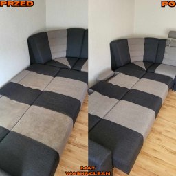 I po plamie - Mateusz Świątkowski - Dwuczęściowe zdjęcie narożnika z ciemnoszarą i beżową tapicerką, lewa strona 'PRZED' z widocznymi plamami, prawa strona 'PO' czysta, z drewnianą podłogą w tle.