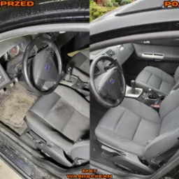 Porównanie wnętrza czarnego samochodu Volvo przed i po czyszczeniu: brudna tapicerka fotela kierowcy i dywanik kontra czyste fotele i podłoga.