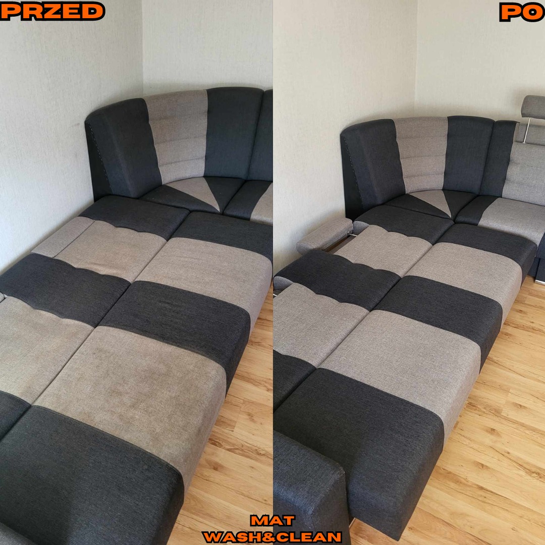 Dwuczęściowe zdjęcie narożnika z ciemnoszarą i beżową tapicerką, lewa strona 'PRZED' z widocznymi plamami, prawa strona 'PO' czysta, z drewnianą podłogą w tle.