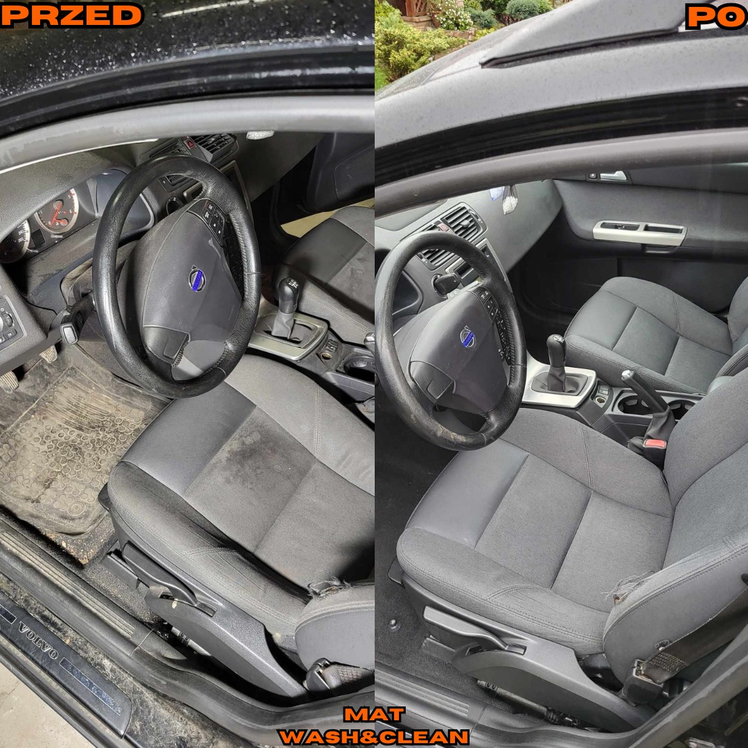 Porównanie wnętrza czarnego samochodu Volvo przed i po czyszczeniu: brudna tapicerka fotela kierowcy i dywanik kontra czyste fotele i podłoga.