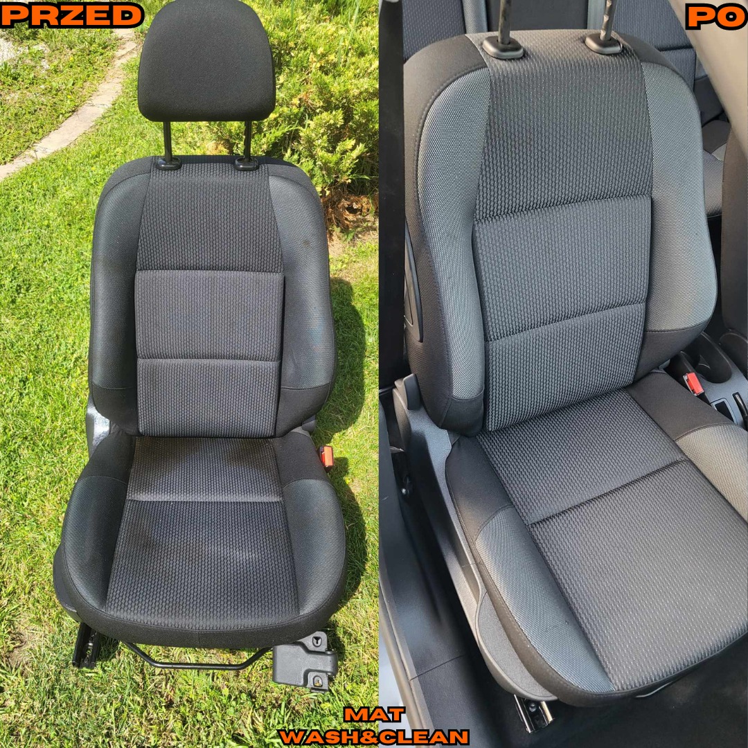 Porównanie fotela samochodowego przed i po czyszczeniu: po lewej stronie fotel na trawie, widocznie zabrudzony, po prawej stronie fotel w aucie, czysty i odświeżony.