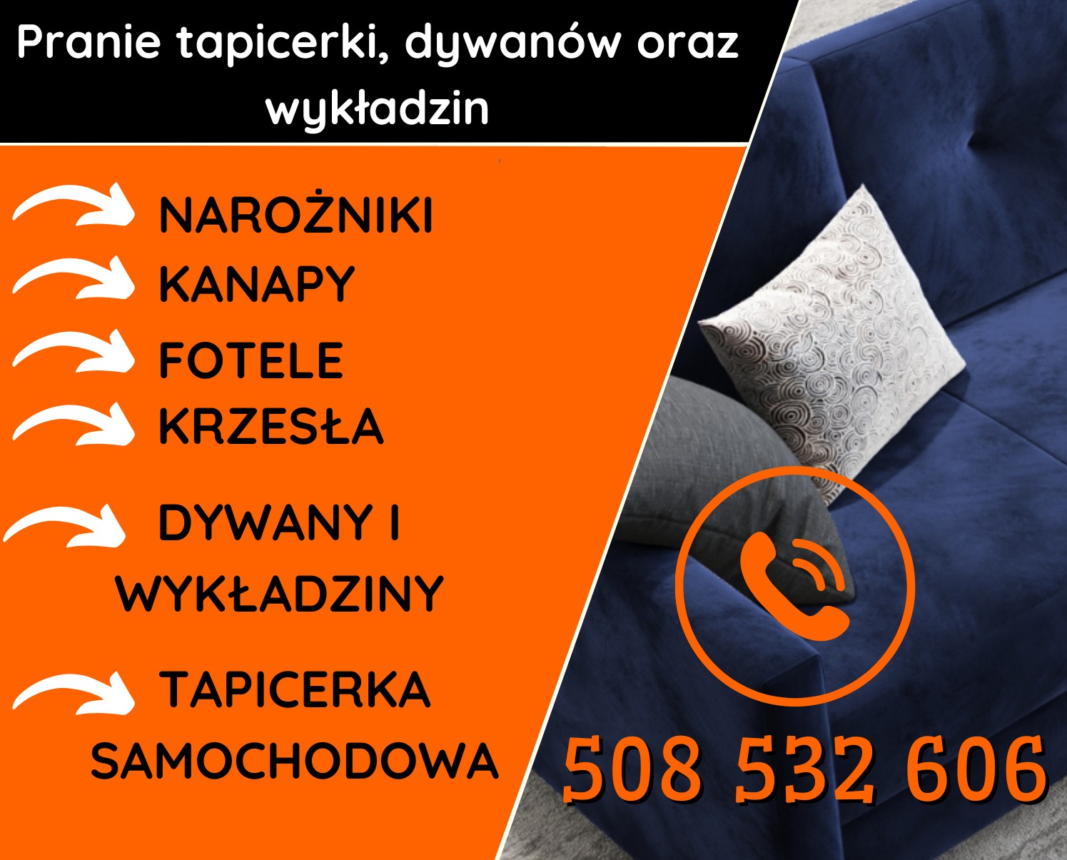 Reklama usług prania tapicerki meblowej i samochodowej w Aleksandrowie, z numerem telefonu na tle granatowej kanapy z poduszkami.