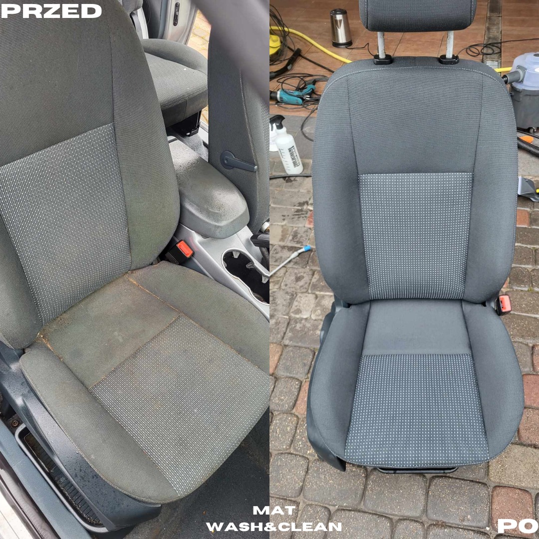 Porównanie fotela samochodowego przed i po czyszczeniu: po lewej stronie widoczny brudny fotel z wyraźnymi plamami i zabrudzeniami, po prawej stronie ten sam fotel po wyczyszczeniu, prezentujący...