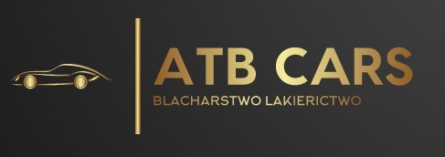 Logo firmy ATB CARS z sylwetką samochodu i napisem 'Blacharstwo Lakiernictwo' w złotym kolorze na ciemnoszarym tle.