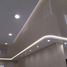 Błyszczący, dwupoziomowy sufit z wbudowanym oświetleniem LED i punktowymi lampami, widok z dołu.