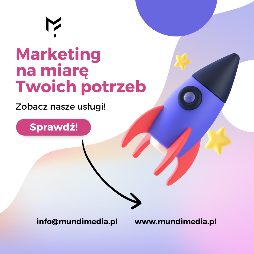 Grafika reklamowa z hasłem 'Marketing na miarę Twoich potrzeb', stylizowana rakieta w kolorach niebieskim i czerwonym, dwie żółte gwiazdki, adres e-mail i strona internetowa firmy Mundi Media.