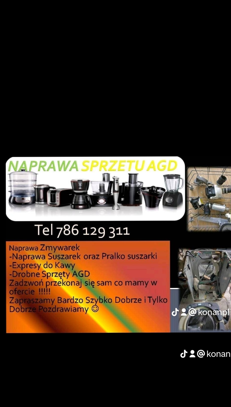 Zestaw AGD: ekspresy do kawy, blendery, oraz części zamienne, uszkodzona pralka z otwartymi drzwiami. Reklama usług naprawy AGD z numerem telefonu i nazwą użytkownika na TikToku.