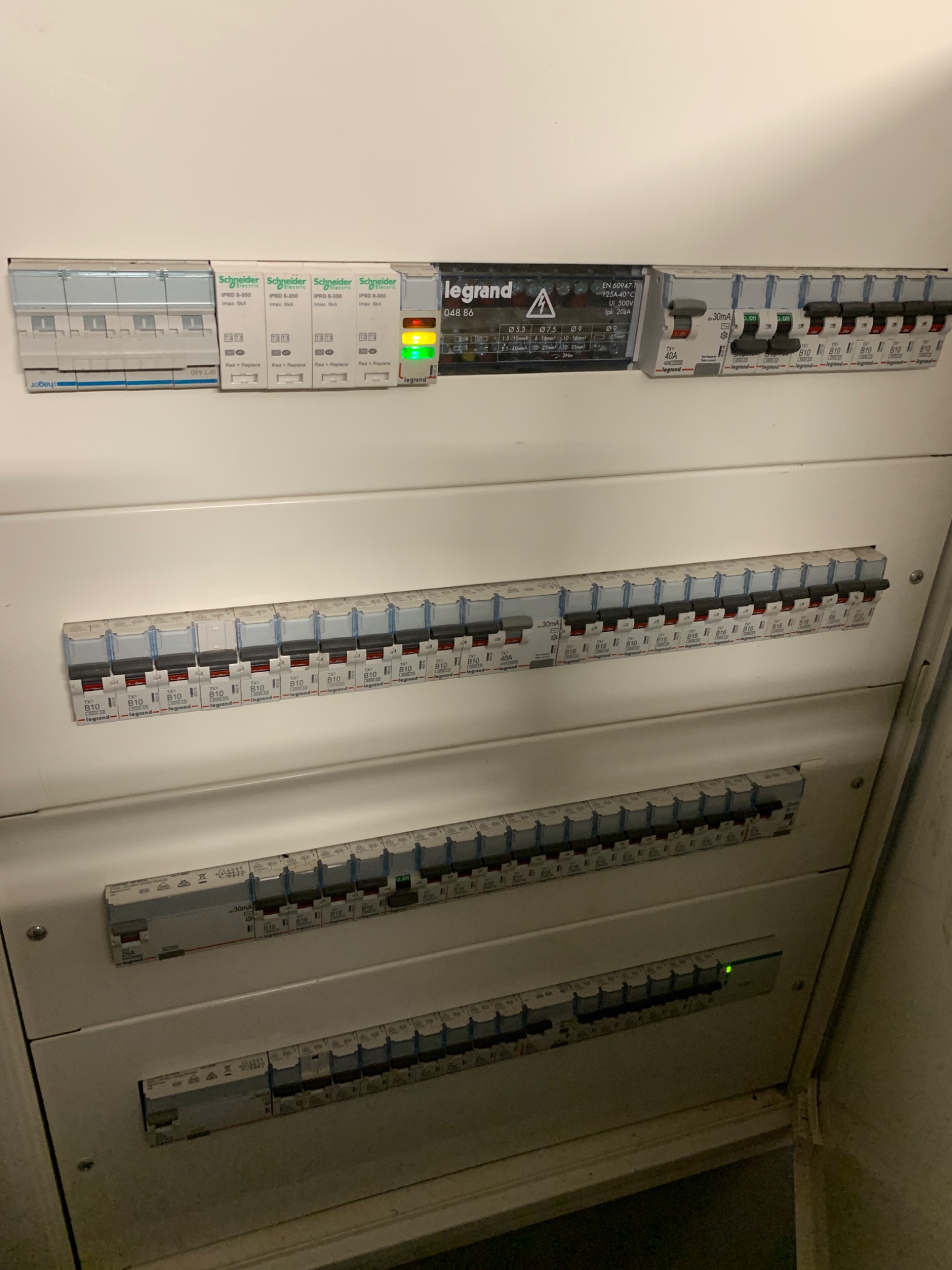 Rozdzielnica elektryczna z zainstalowanymi bezpiecznikami różnych producentów, widoczne oznaczenia prądowe i napięciowe, wskaźniki LED sygnalizujące status obwodów.