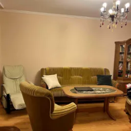 Salon z drewnianą podłogą, kanapą w odcieniach zieleni, fotelem z paskami, stołem z serwetą w kwiaty i żyrandolem z kryształkami, z widocznym fragmentem psa w rogu.