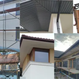 Kompozycja zdjęć przedstawiająca różne etapy prac elewacyjnych: budynek w trakcie ocieplania z rusztowaniem, detale podbitki dachowej w różnych kolorach i materiałach, oraz fragment elewacji...