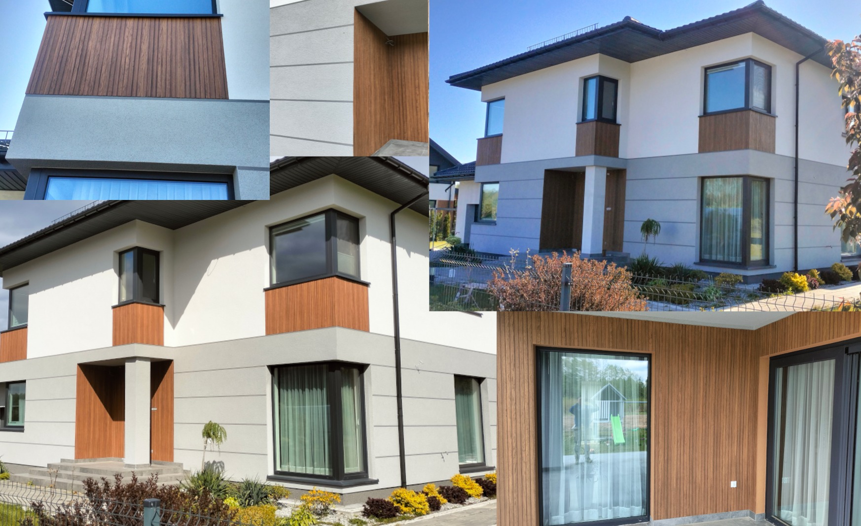 Nowoczesny dom z elewacją w odcieniach bieli, szarości i drewna. Fragmenty elewacji w zbliżeniu ukazują detale wykończenia i fakturę materiałów.