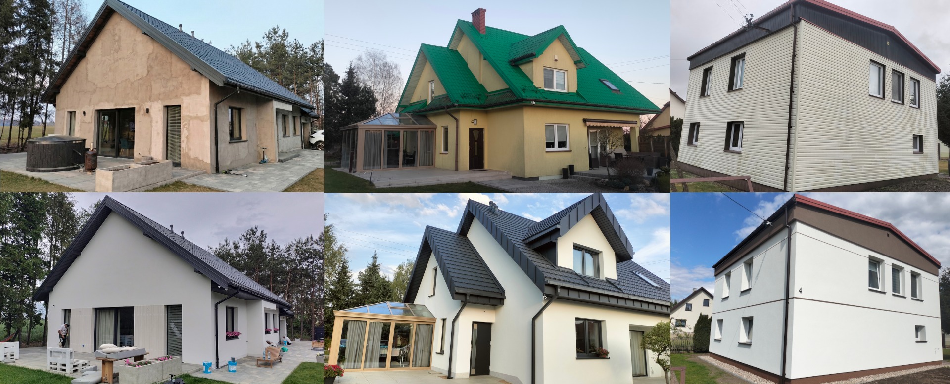 Kolaż sześciu zdjęć domów po renowacji elewacji, ukazujący różnorodność stylów i efektów wykończeniowych, od klasycznych po nowoczesne.