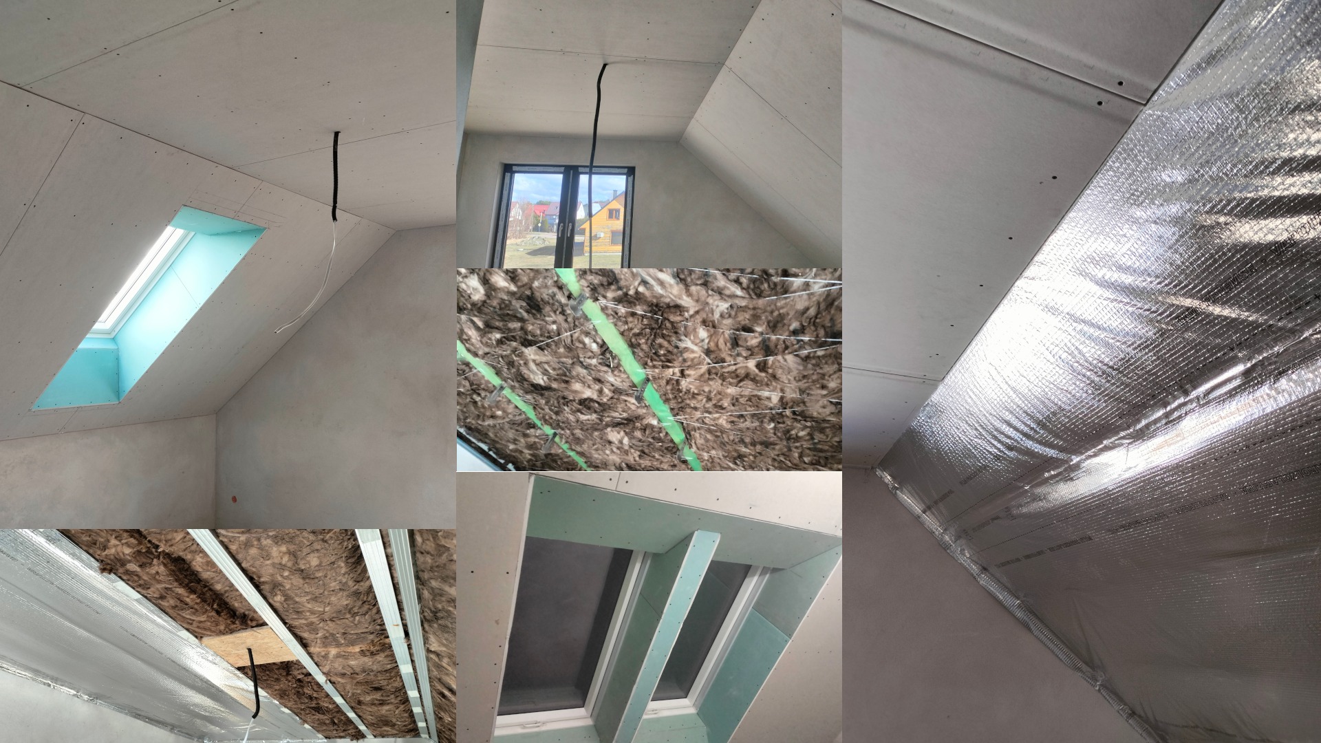 Skompilowane ujęcia z ocieplania poddasza: wełna mineralna między krokwiami, folia paroizolacyjna, płyty gipsowo-kartonowe przy oknie dachowym i na suficie.
