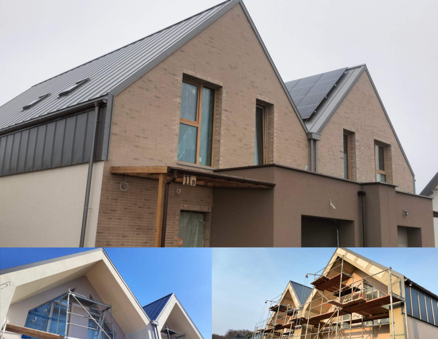 Nowoczesny dom z ceglaną elewacją i panelami słonecznymi na dachu. Ujęcie z dołu prezentuje dom w trakcie prac elewacyjnych ze rusztowaniami.