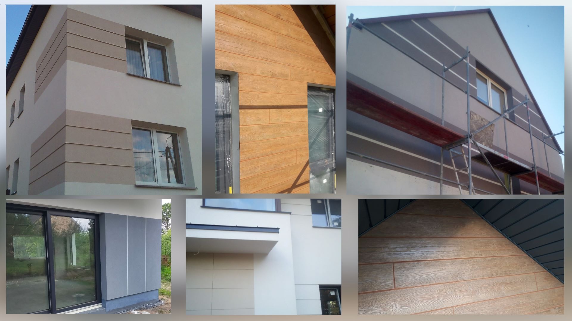 Mozaika elewacji z różnymi wykończeniami: tynk strukturalny w odcieniach beżu, drewnopodobna okładzina, szara elewacja z białymi akcentami, fragment rusztowania przy elewacji w trakcie prac.