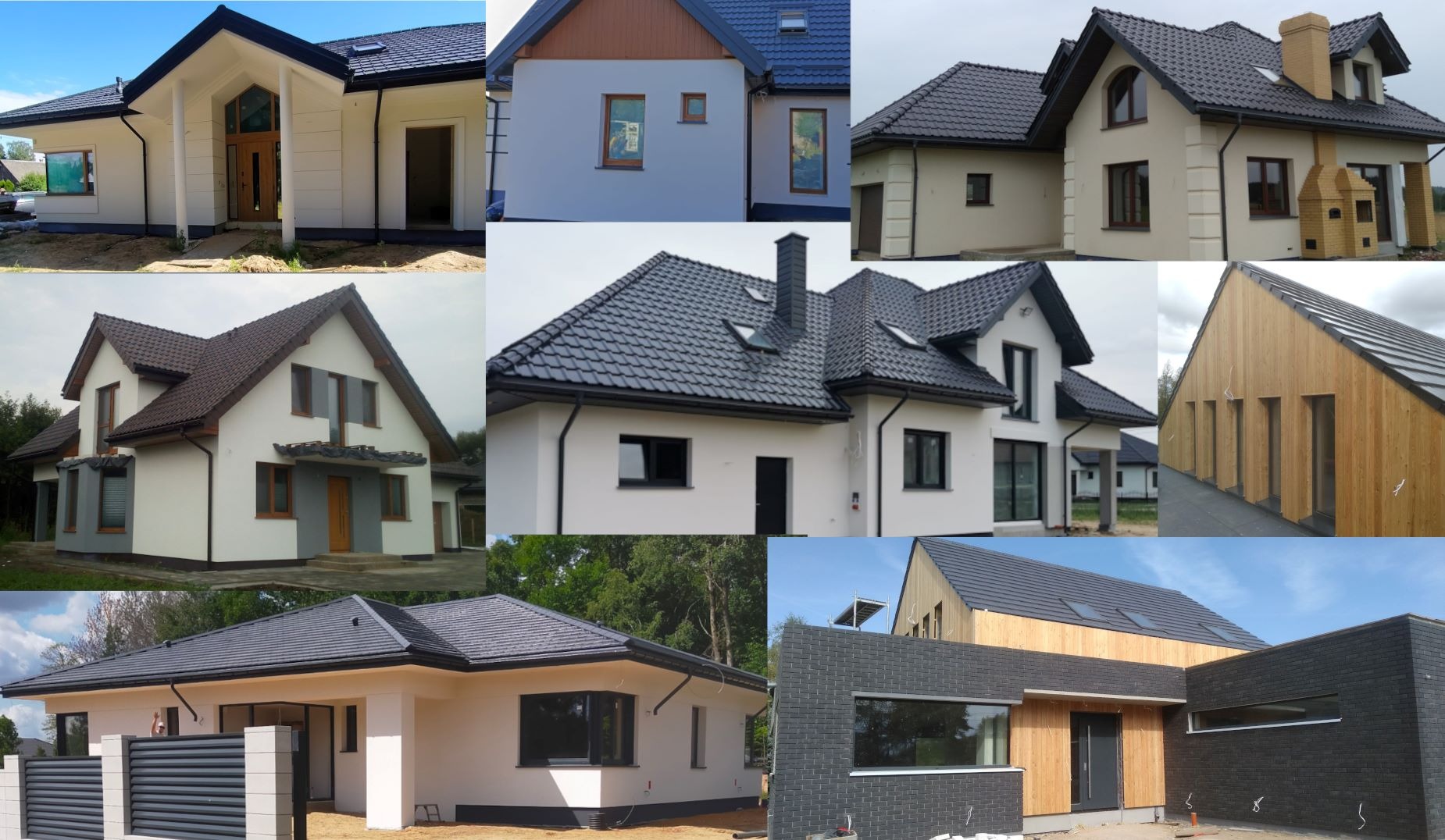 Kompozycja zdjęć przedstawiająca różnorodne domy jednorodzinne z elewacjami w kolorach bieli, szarości i drewna, ukazujące zróżnicowane style architektoniczne oraz wykończenia zewnętrzne.