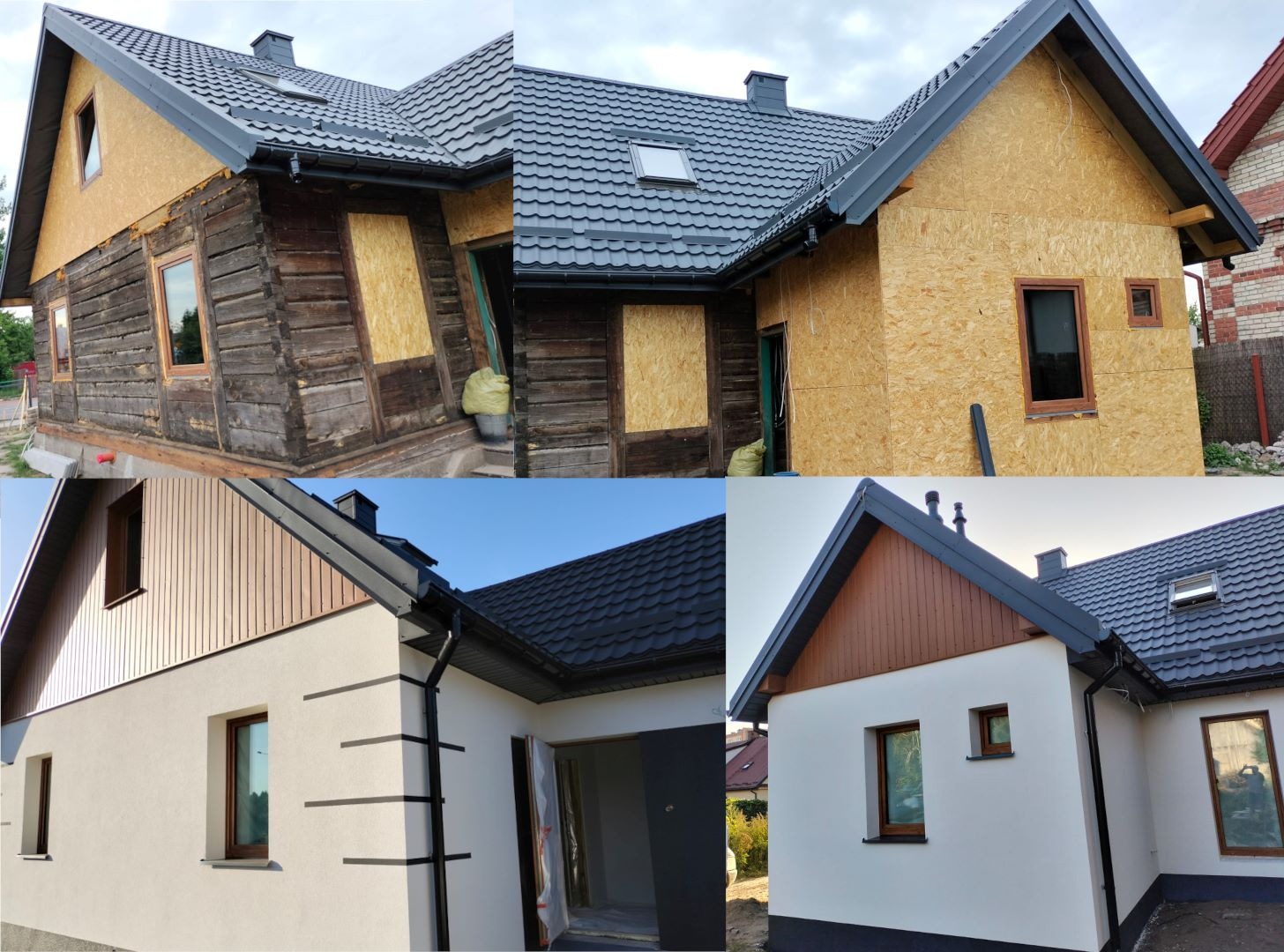 Fotografia kolażowa przedstawiająca dom przed, w trakcie i po pracach elewacyjnych, ukazująca transformację od starej drewnianej konstrukcji do nowoczesnego, otynkowanego budynku z ciemną dachówką.